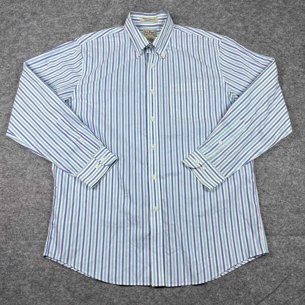 LL Bean Button Down Shirt Mens M Blue White Stripe Wrinkle Resistant Traditional